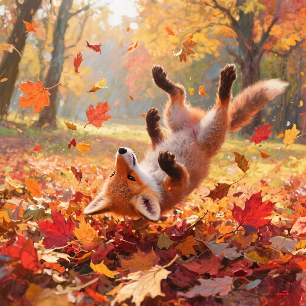 Playful Fox Cub Tumbles in Autumn Leaves