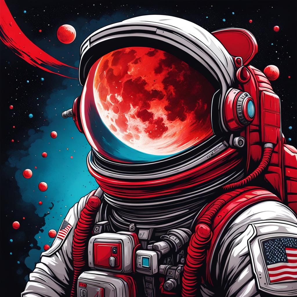 Astronaut on Red Moon in Graffiti Style