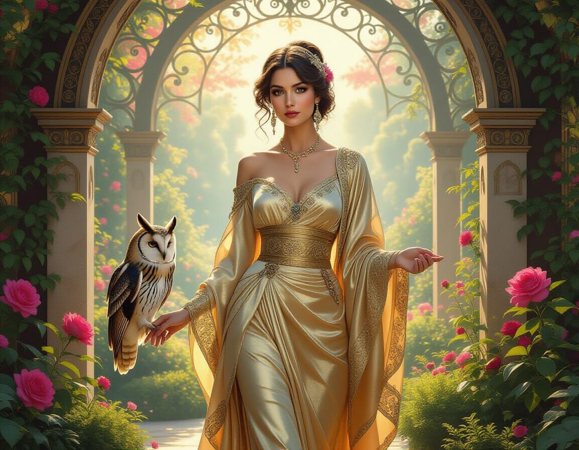 Renaissance Woman with Owl in Mystical Garden