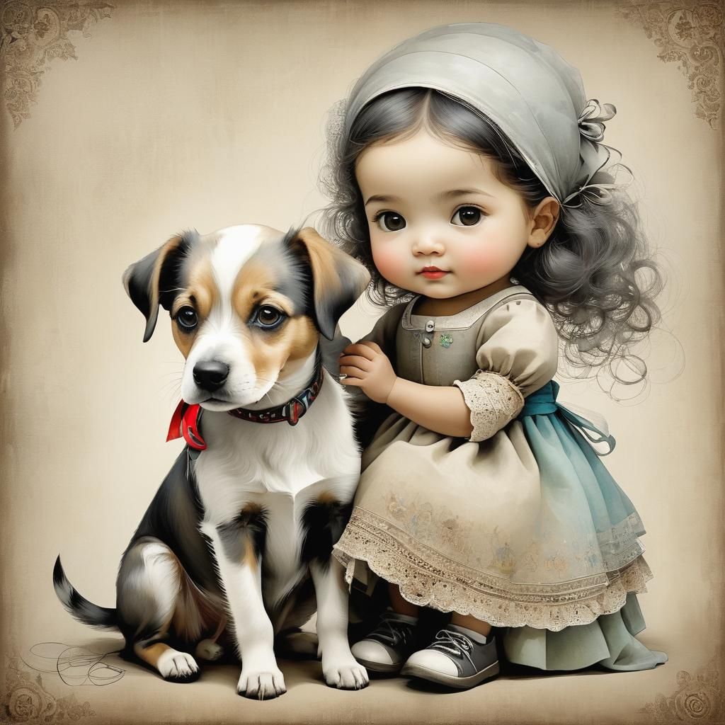 Toddler with Dog Art, Intricately Detailed