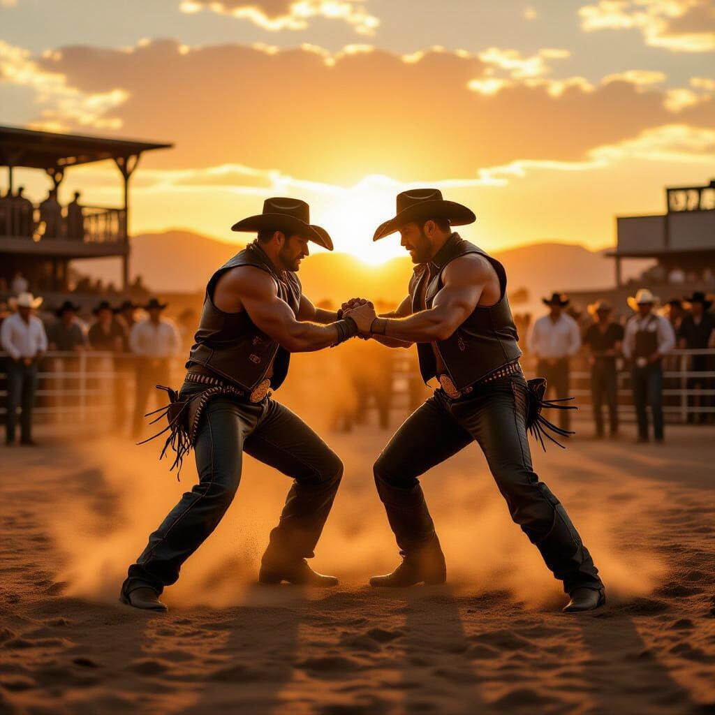 Two Cowboys Wrestle in Dusty Arena at Sunset
