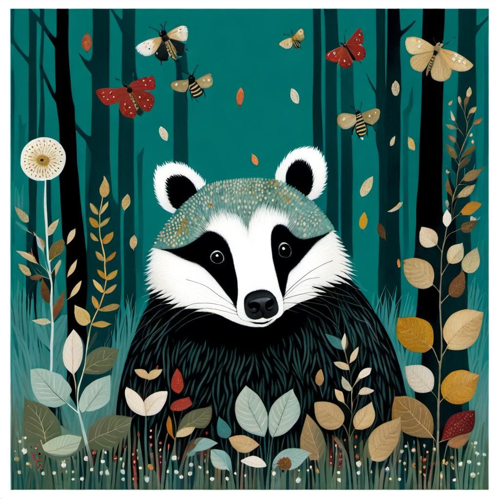 Autumn Badger in Forest: Klimt-Inspired Mixed Media