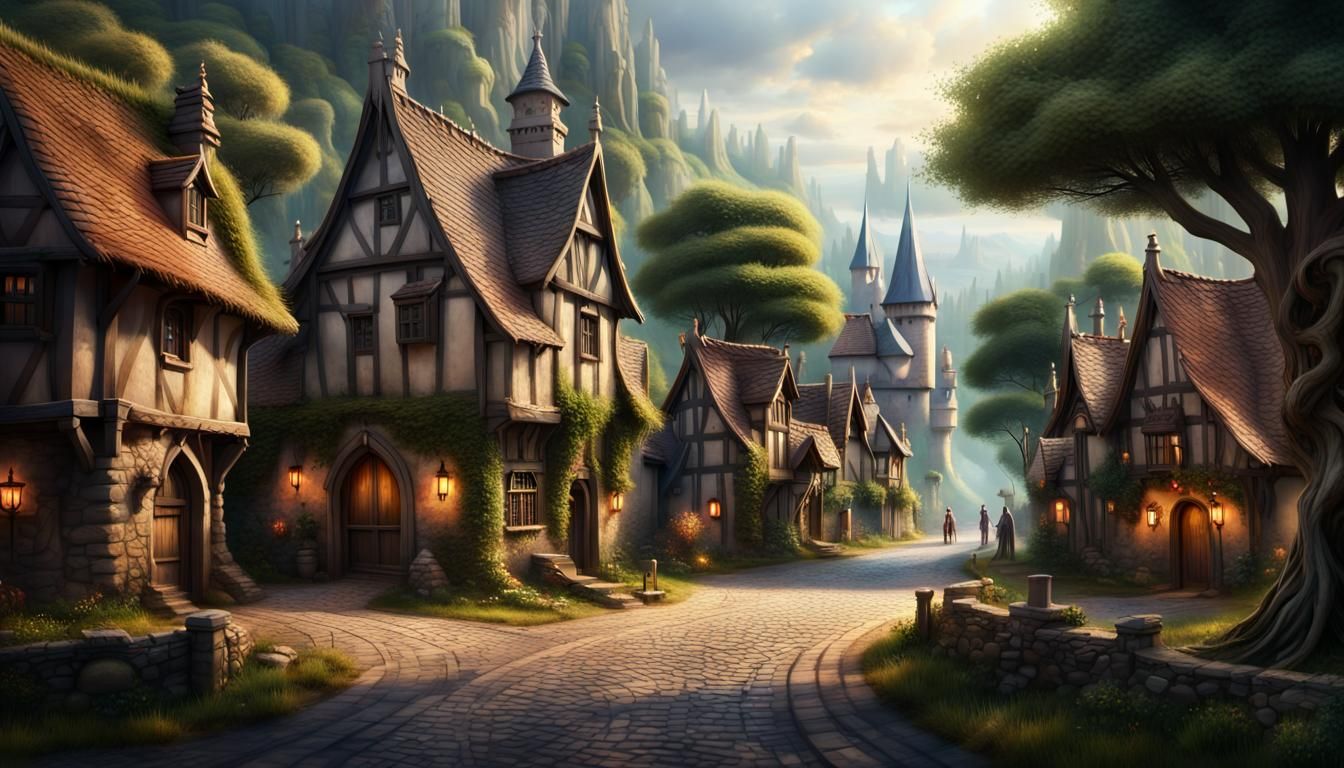 Fantasy Village Scene with Knights and Castle