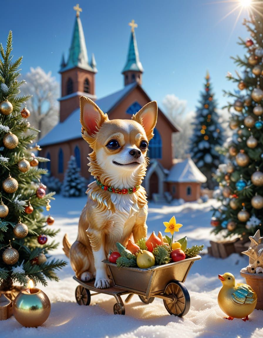 Cute Chihuahua Dog Stained Glass Sculpture with Duckling