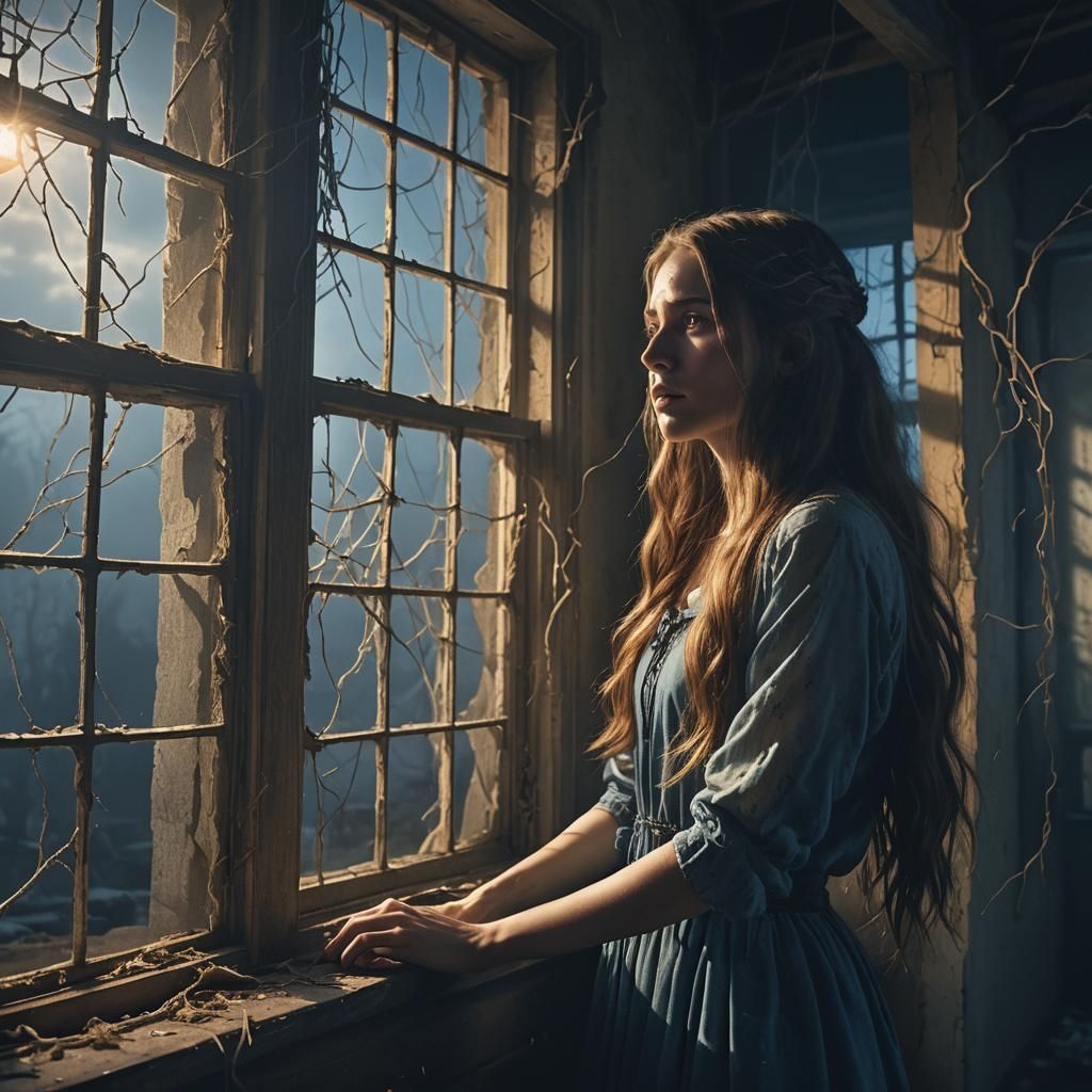 Eerie Woman in Abandoned House: Dark Fantasy Art