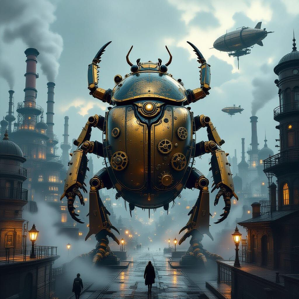 Steampunk Giant Beetle in Gritty Cityscape