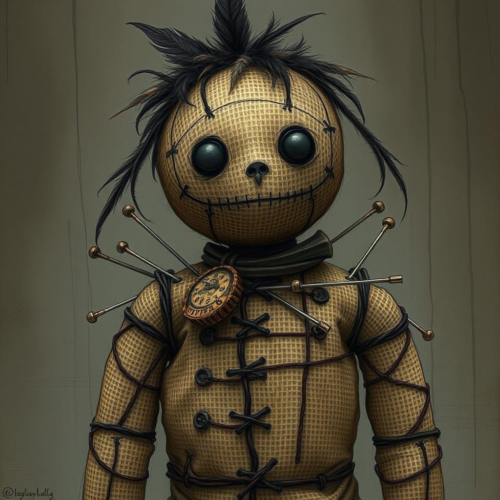 Burlap Voodoo Doll with Pins in Dark Fantasy Style