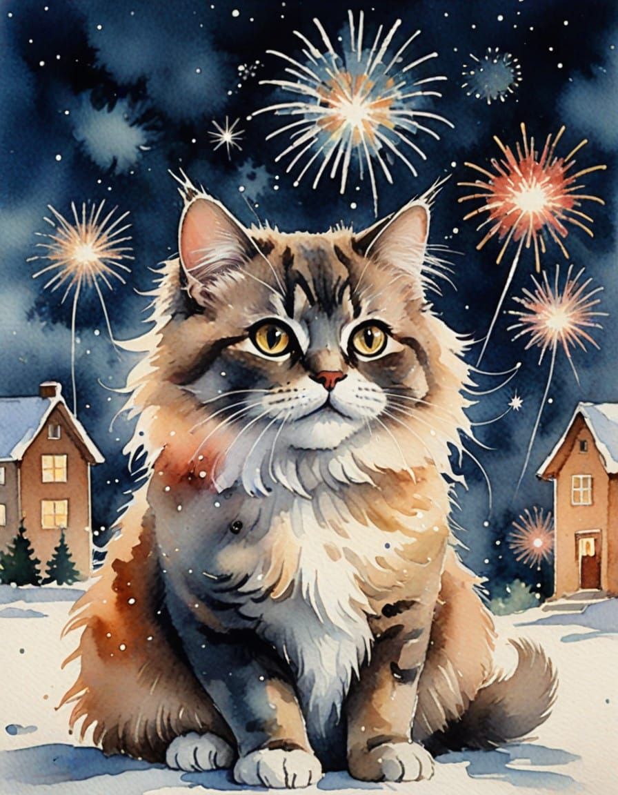 Whimsical Cat Watches Winter Fireworks in Watercolor