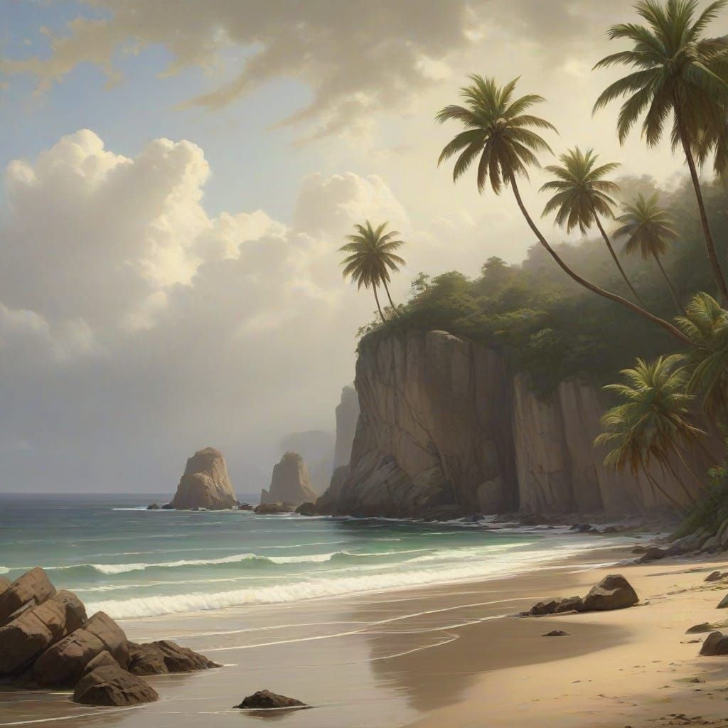 Peaceful Coastal Scene with Palm Trees and Cliffs