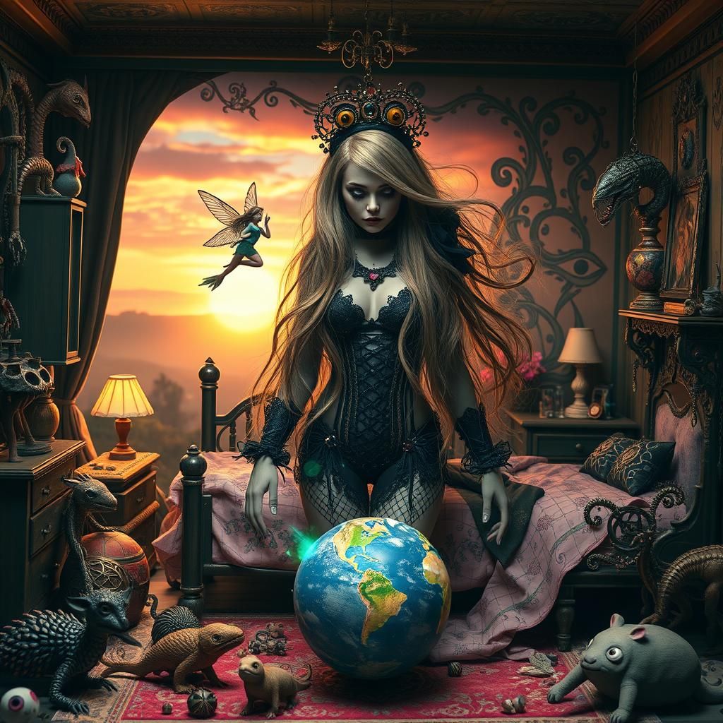 Gothic Squarepants Woman in Surreal Bio Art Dollhouse