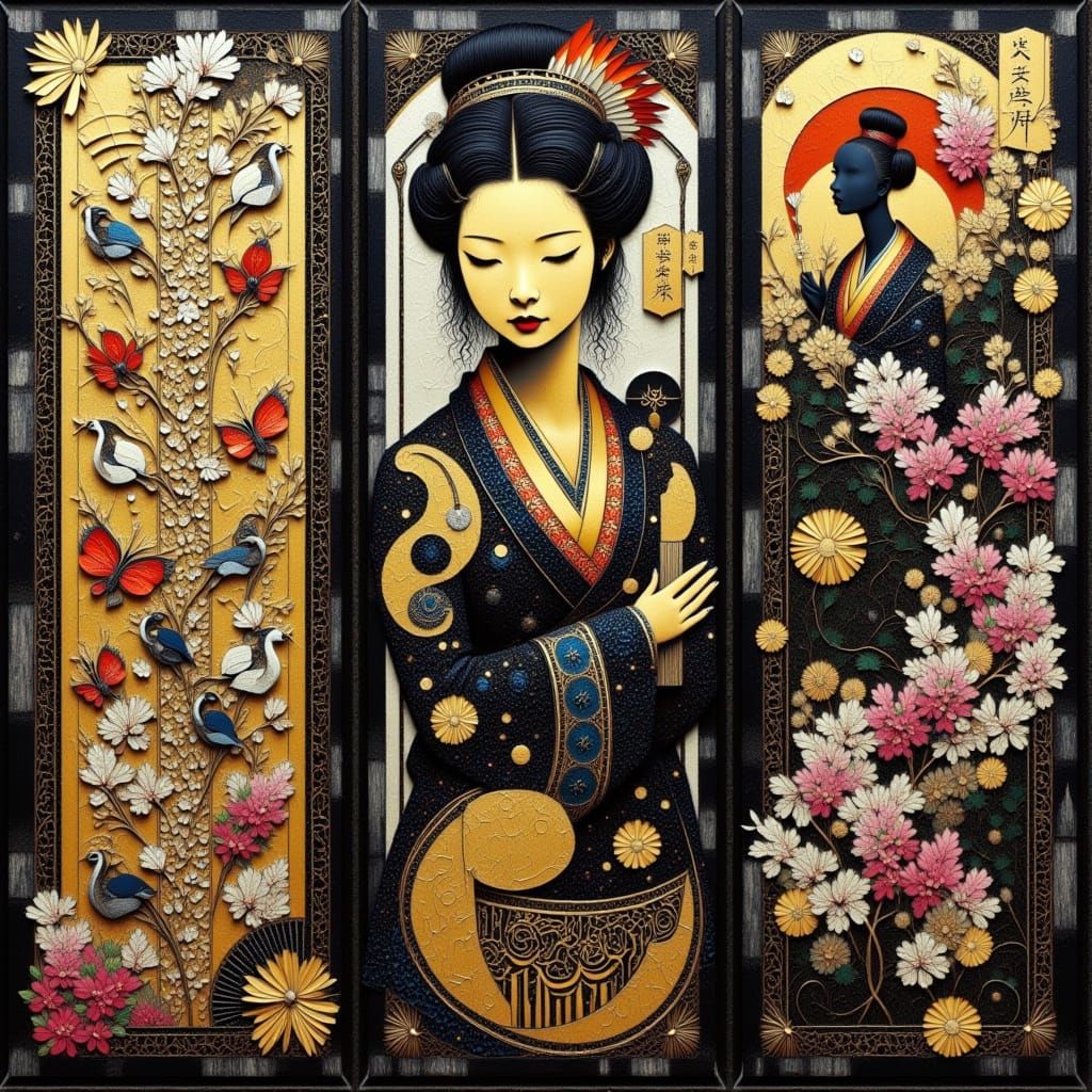 Distressed Wall Triptych: Geometric Hieroglyphs and Japanese...