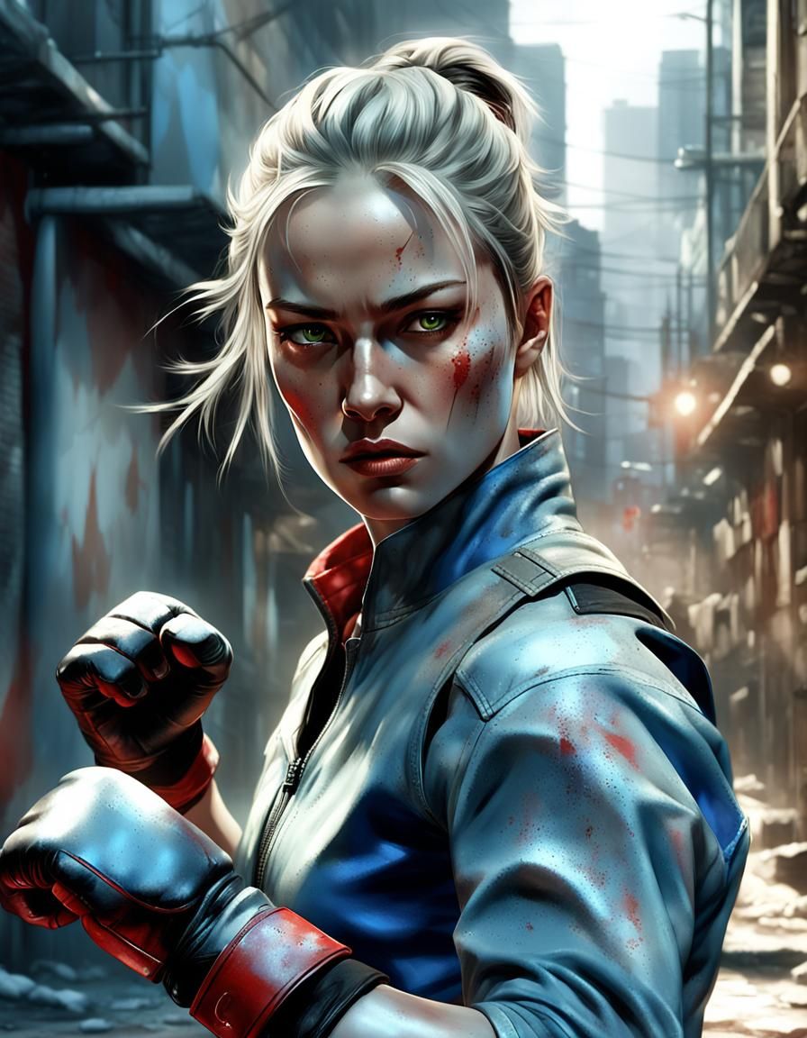 Female Fighter in Urban Alleyway: Dynamic Digital Art