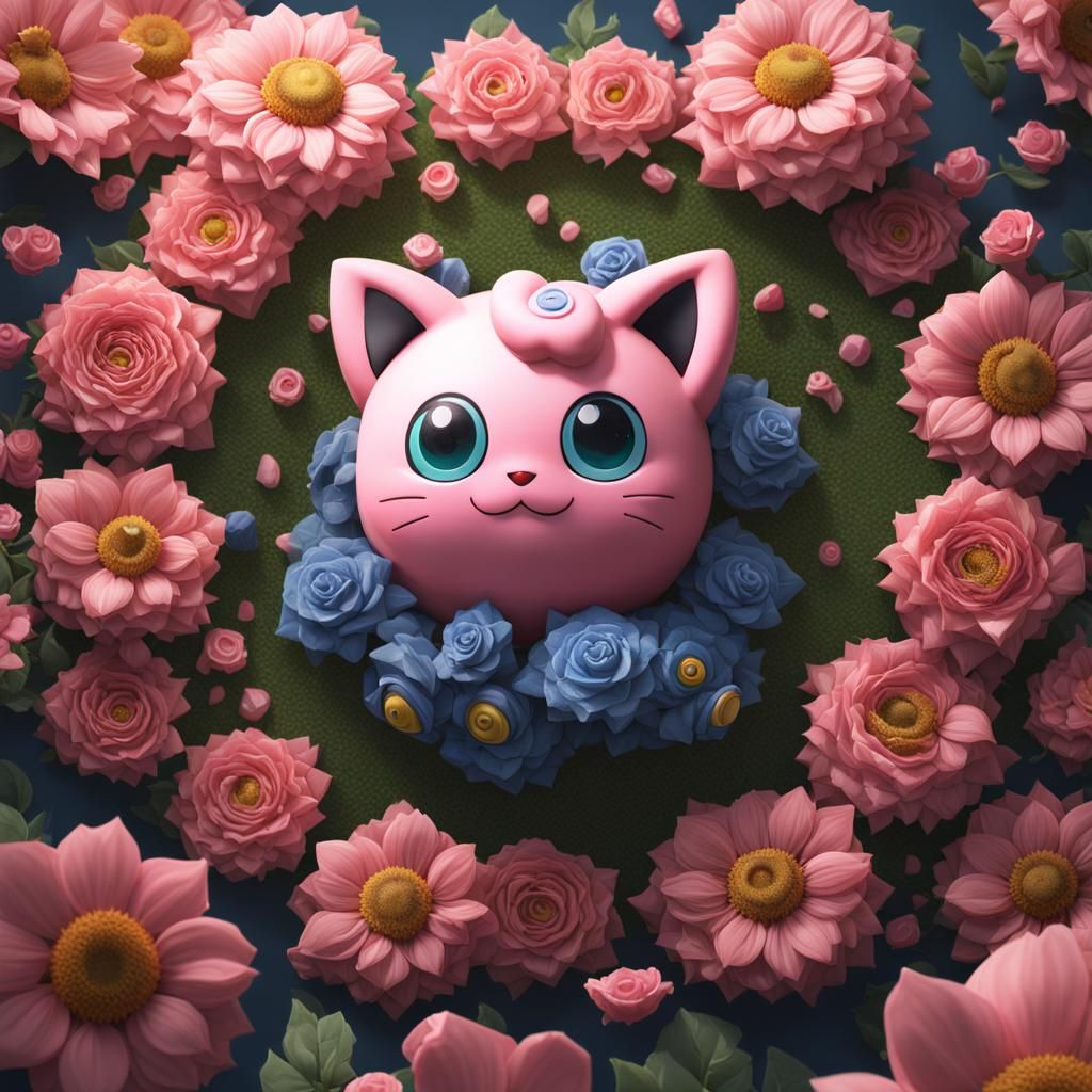 Jigglypuff with Roses and Sunflowers in Detailed Painting