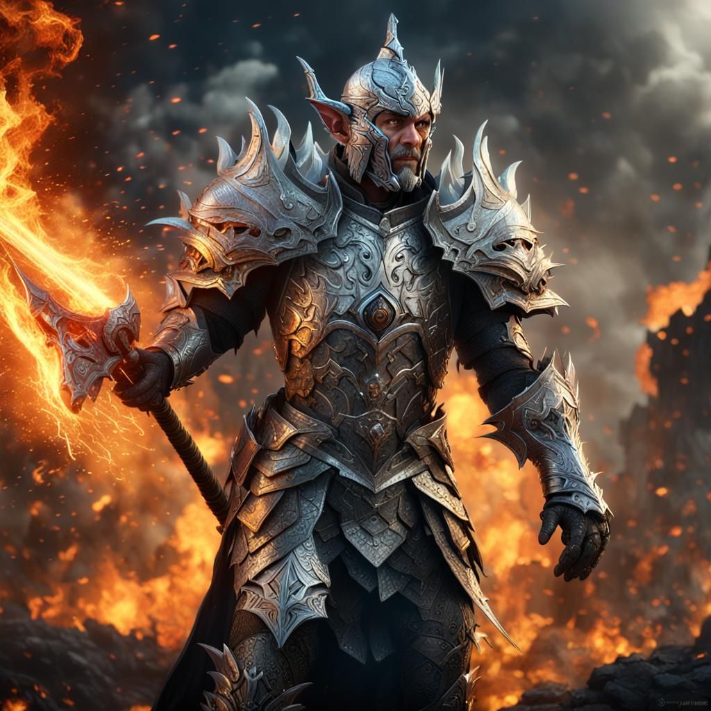 Furious Elf King Fighting Monster in Fiery Battle