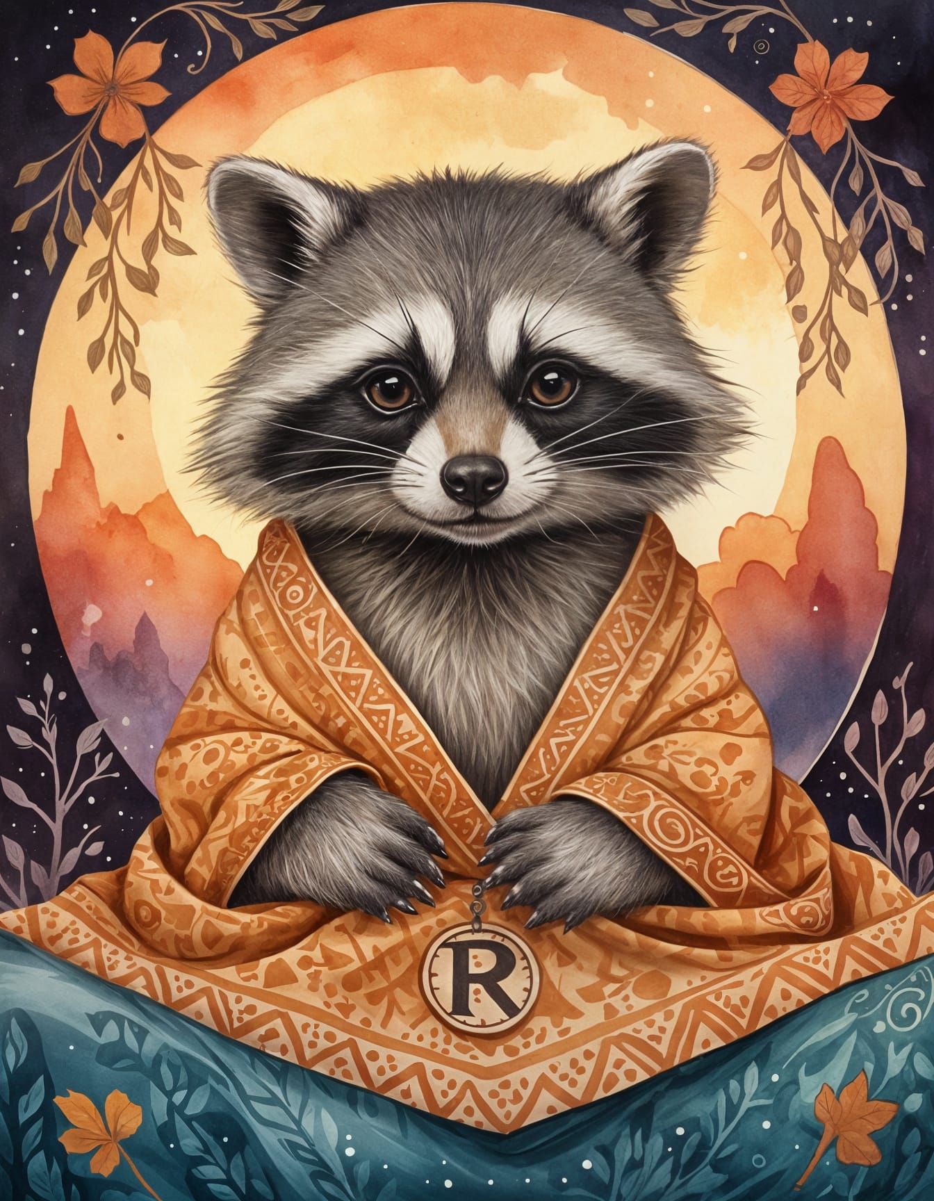 Whimsical Raccoon Surrounded by Magical Rune Patterns