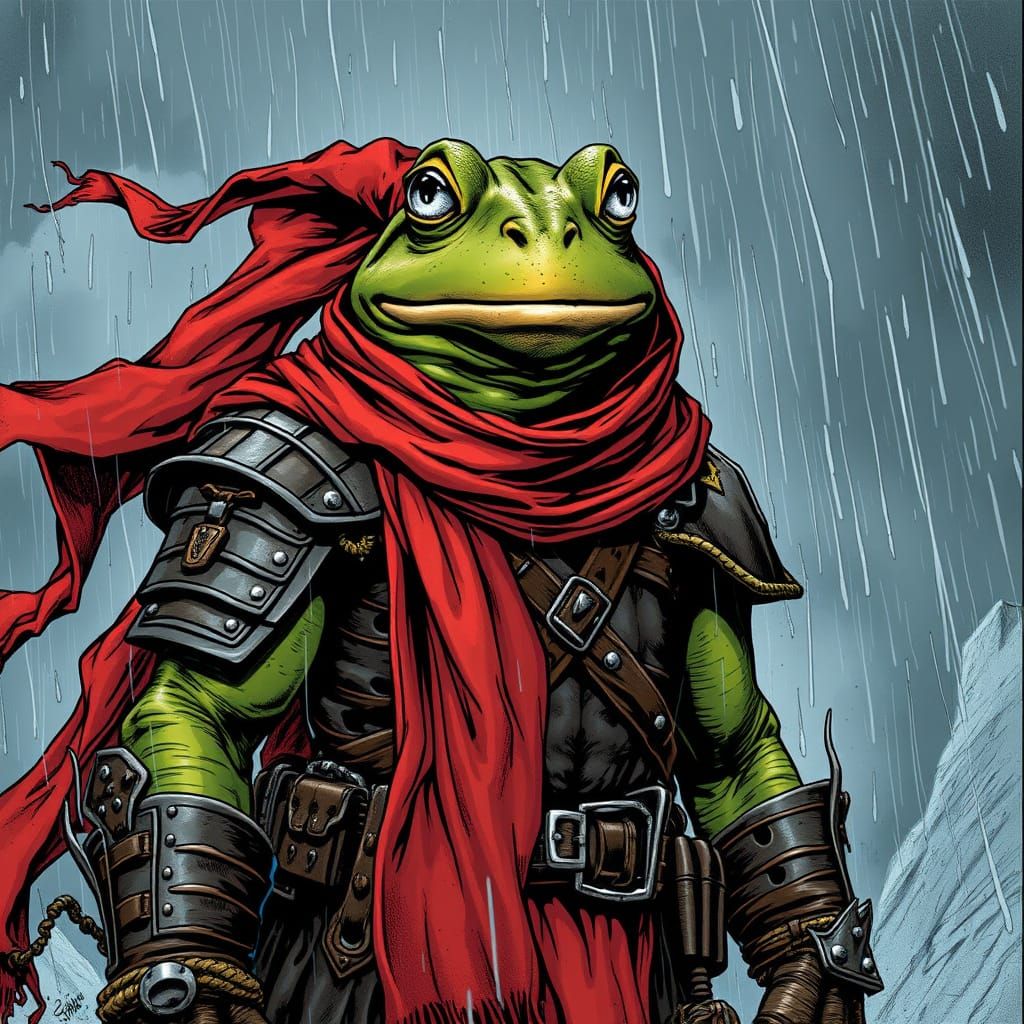 Frog Warrior in Storm, Dark Fantasy Comic Art