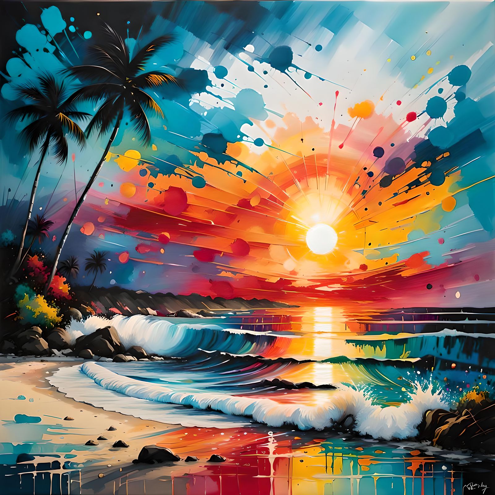 Colorful Beach Sunset in Impasto Impressionist Style