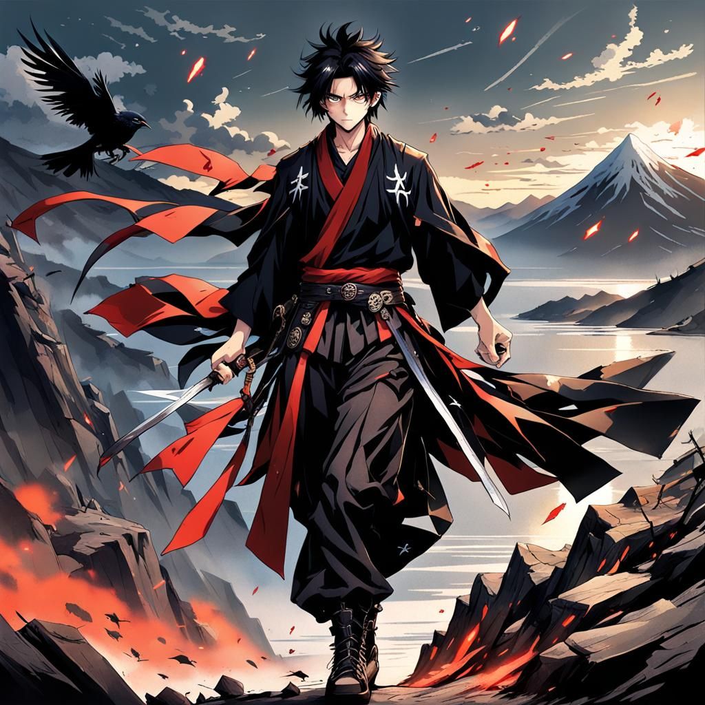 Anime Ninja Boy on Cliff Edge