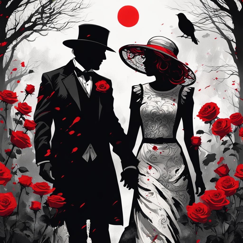 Gothic Couple in Graveyard with Red Roses