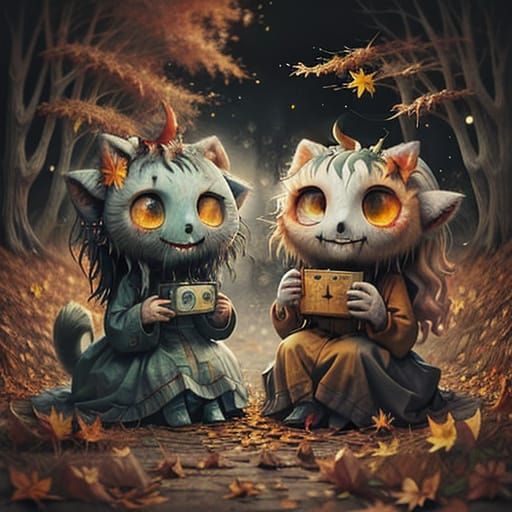 Cute Animals Play in Autumn Leaves in Tim Burton Style