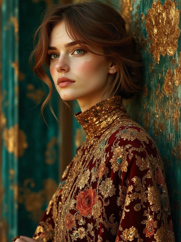 Detailed Portrait of Woman in Embroidered Velvet Dress