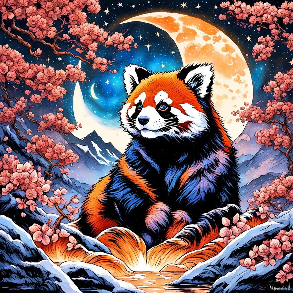 Red Panda with Cherry Blossoms in Gouache Style