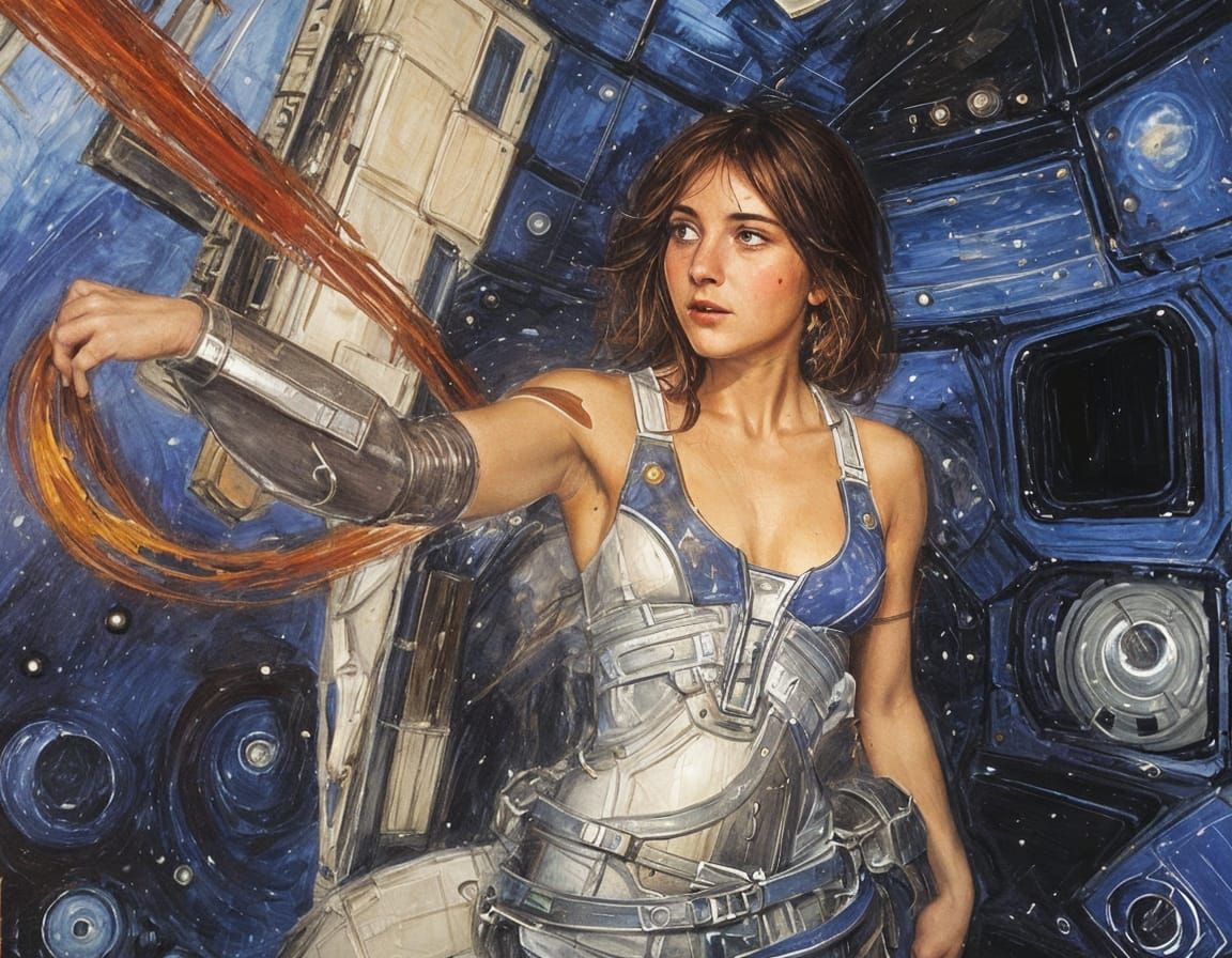 Android Woman in Space, Waterhouse Style Oil Painting