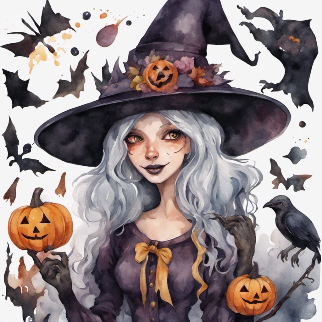 Cute Halloween Witch in Watercolor Cartoon Style