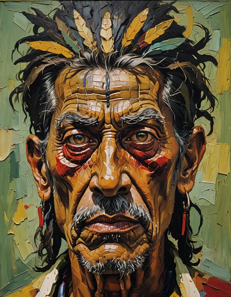 Amazonian Shaman Portrait with Third Eye in Impasto Style