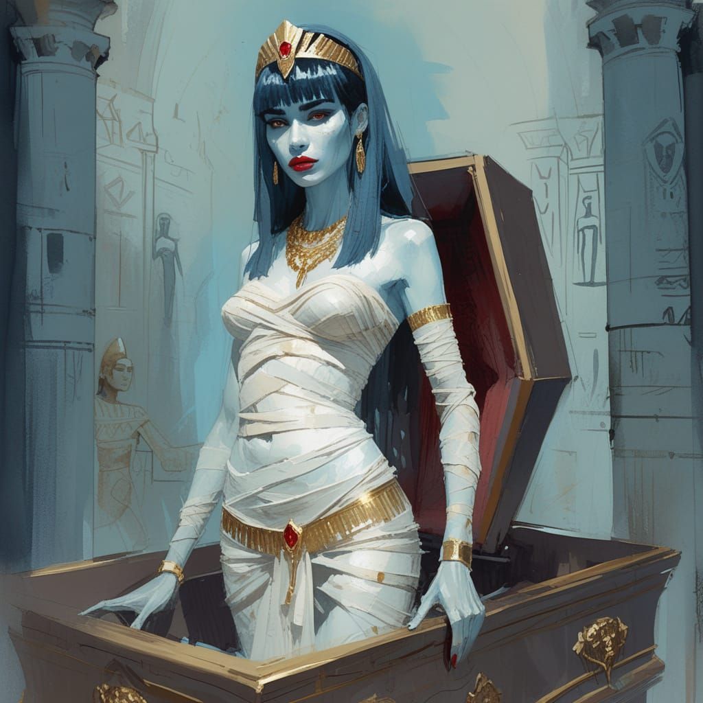 Elegant Mummy Princess with Diadem and Coffin