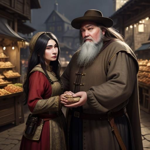 Fantasy medieval peasant woman talking with merchant.