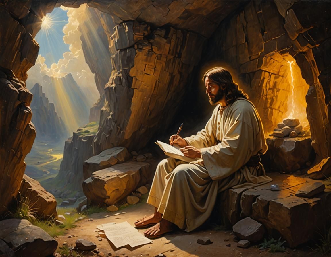 Jesus Christ Writing Letter in Cavern, Oil Painting