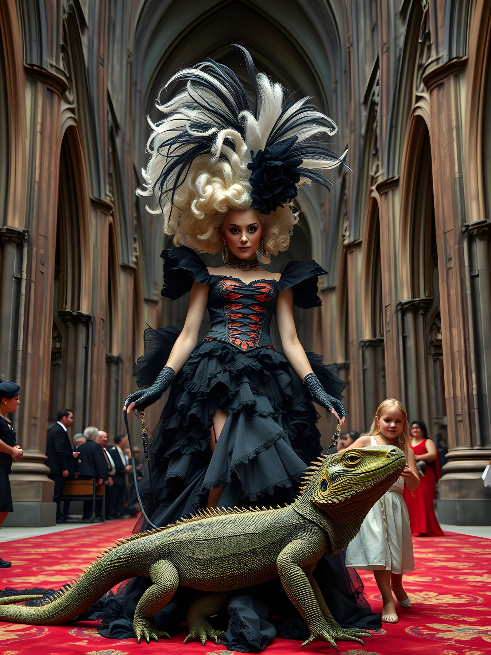 Albino Woman with Lizard in Gothic Setting