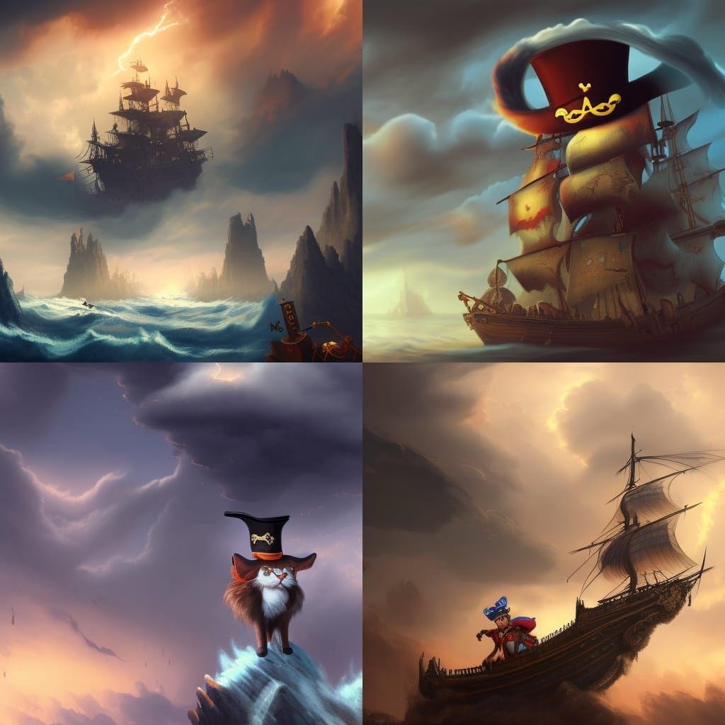 Disney Cat Pirate Ship Stormy Fantasy Art