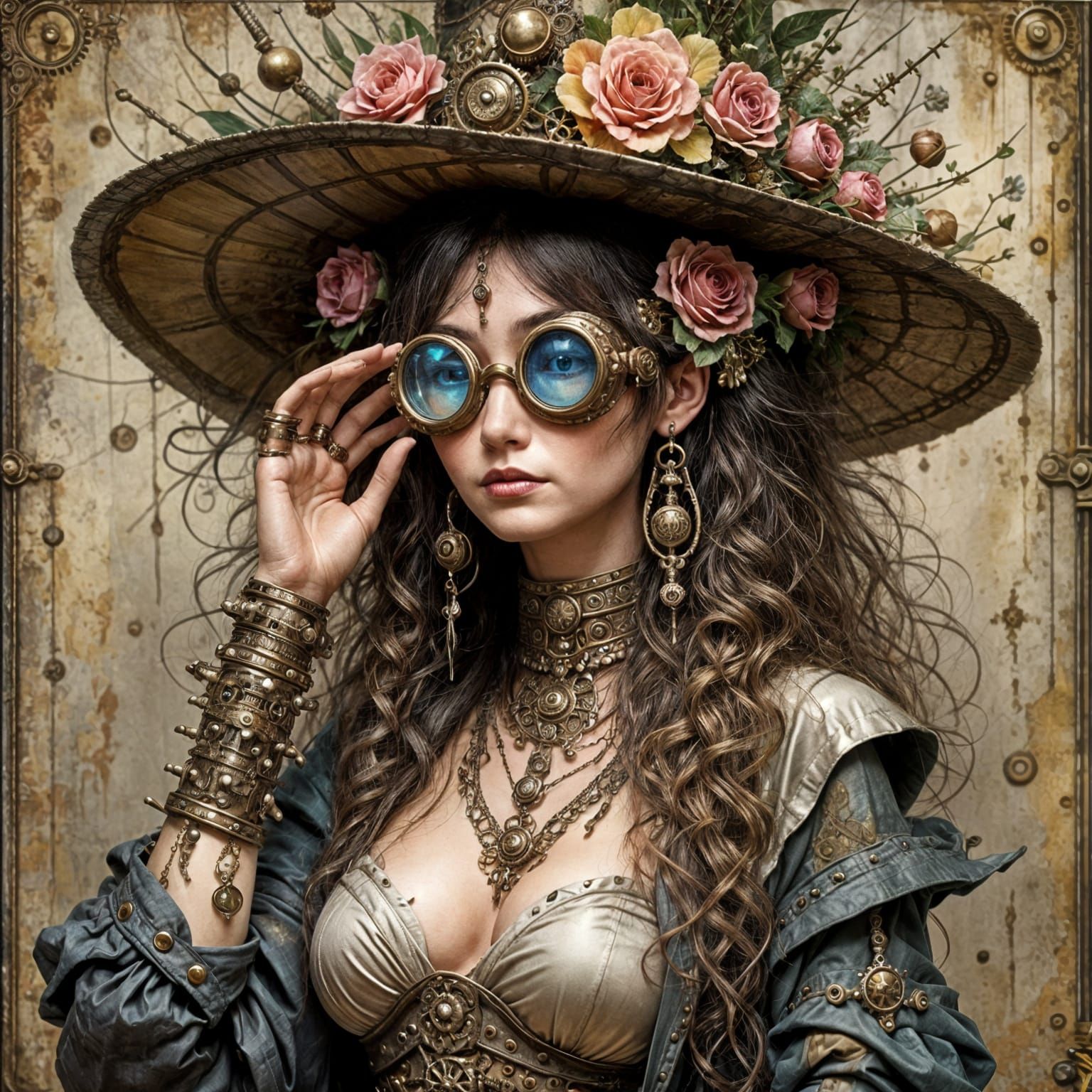 Steampunk Woman with Mechanical Adornments and Goggles