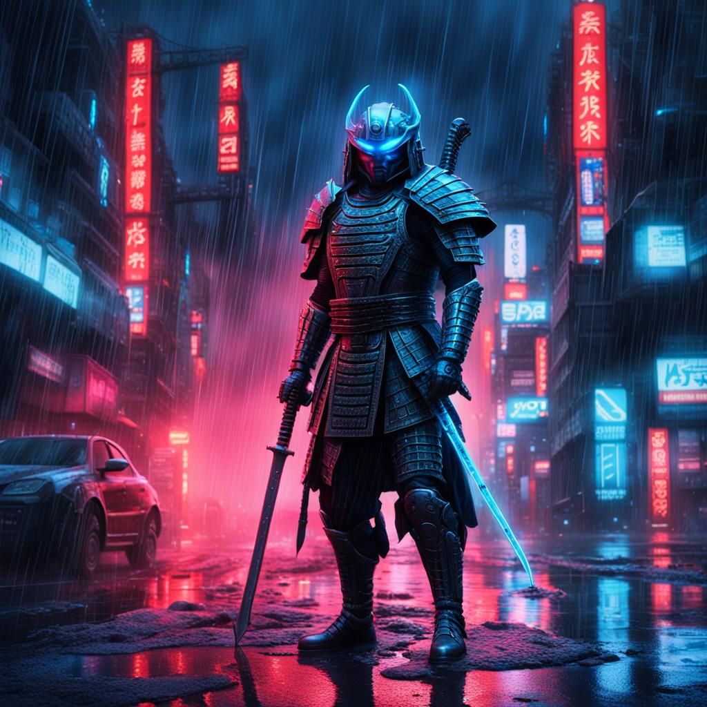Futuristic Cyberpunk Samurai Warrior in Neon City
