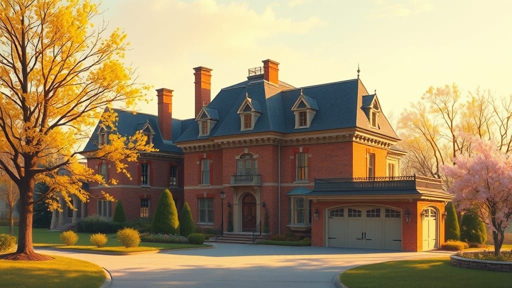 Chateau in Golden Afternoon Light with Spring Trees
