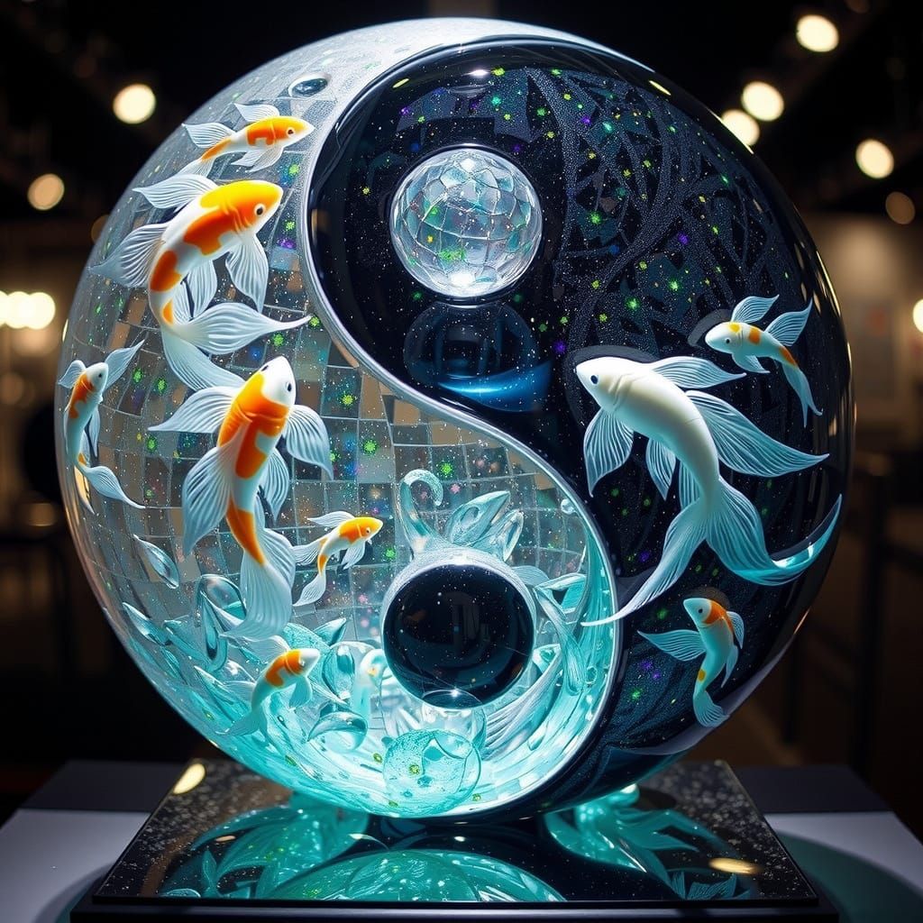 A crystal glass sculpture of a yin yang symbol with koi fish swimming inside