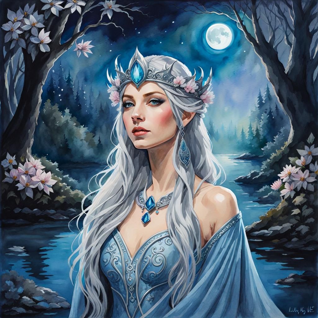 Elven Princess Portrait in Watercolor Under Moonlight