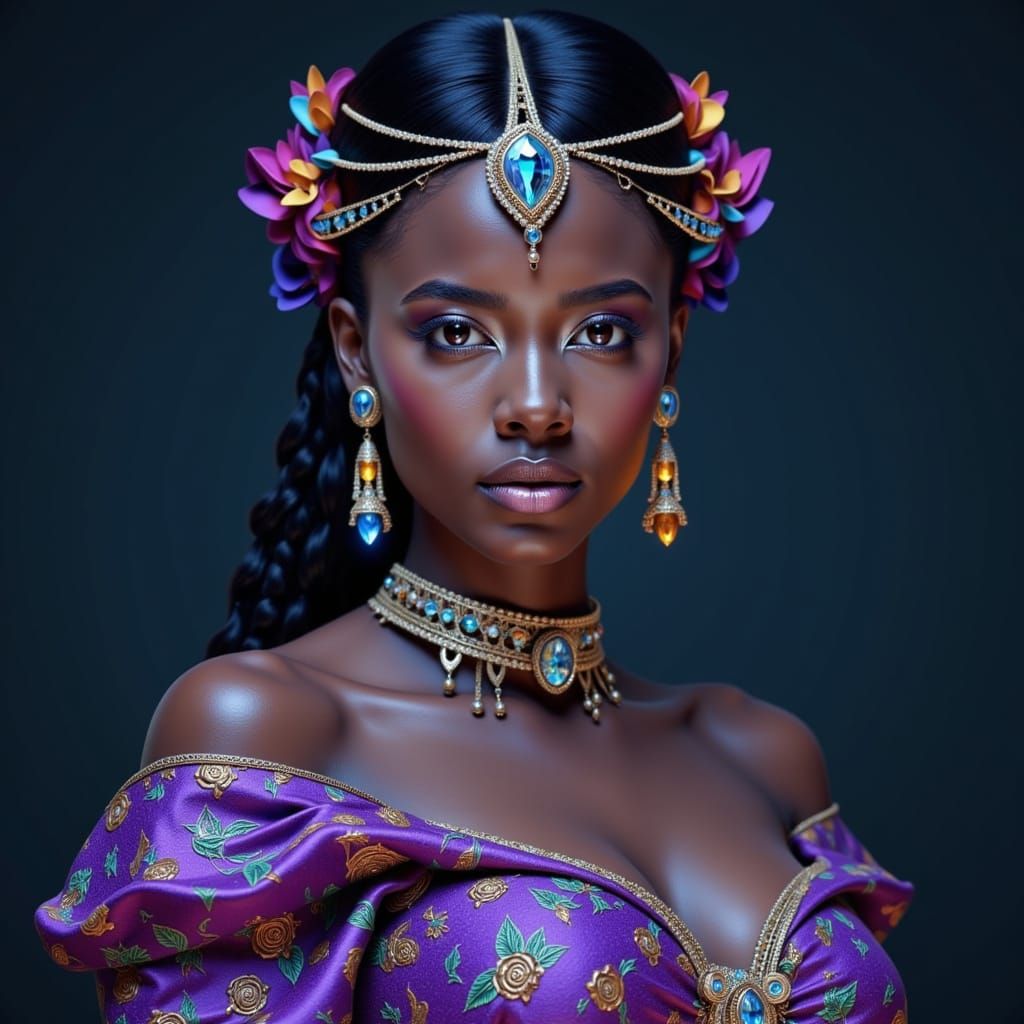 <lora:Surreal geometry:1.0>  A stunning black woman with flawless, luminous skin and piercing brown eyes gazes directly ...