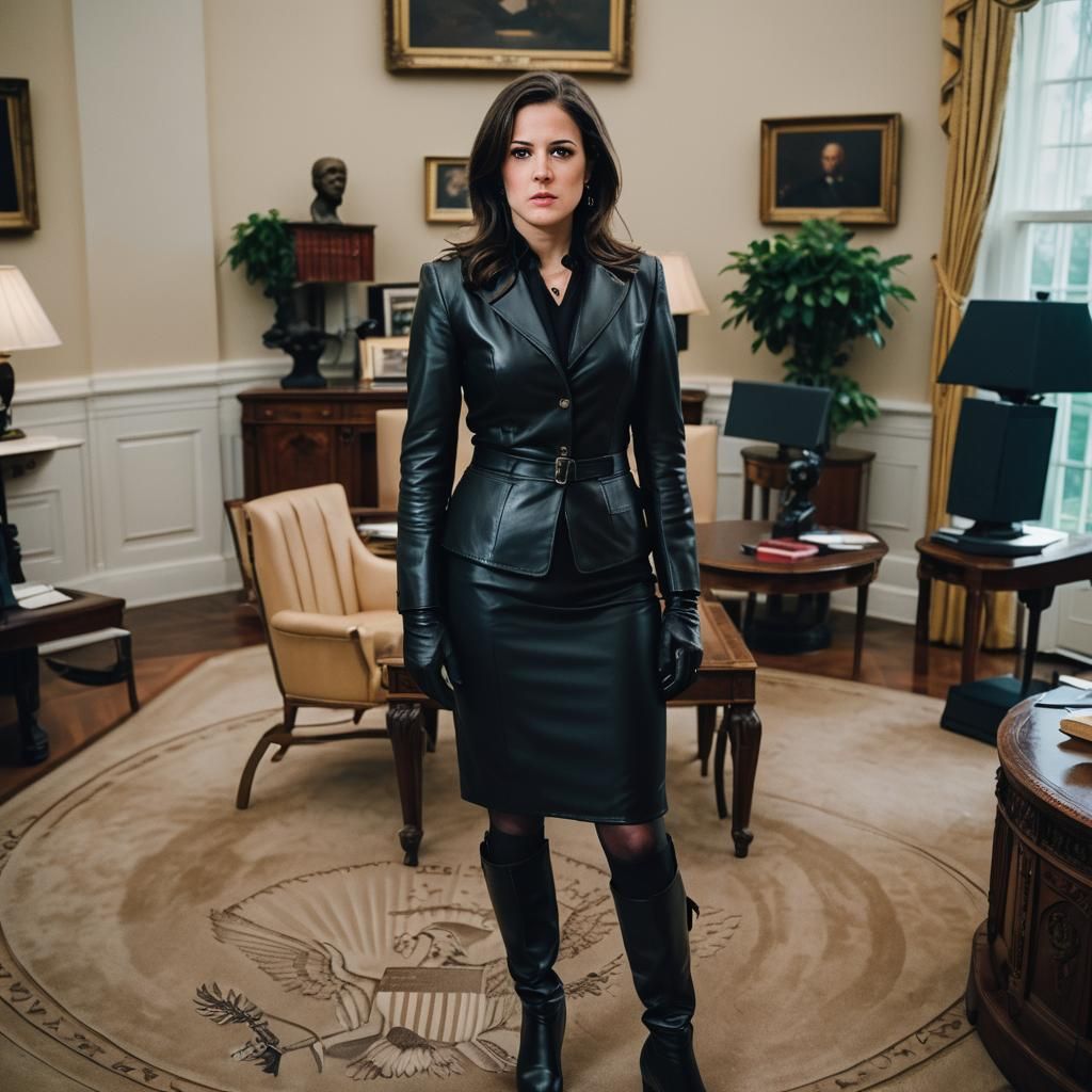 A full-body image of Elise Stefanik, angry face, dressed in a strict black business leather suit, black leather gloves, ...
