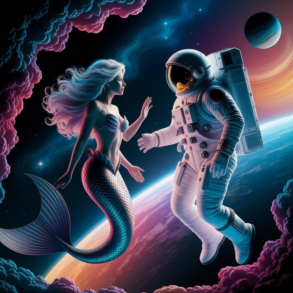 Mermaid and Astronaut Converse in Space