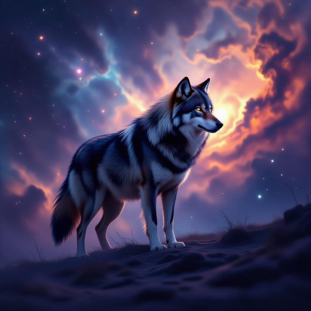 Majestic Wolf Against Cosmic Nebula in Surreal Style