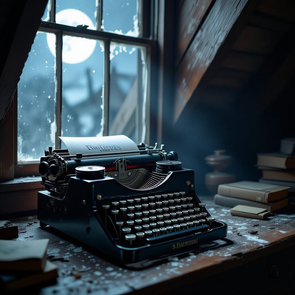 Melancholic Typewriter in Moonlit Attic, Dutch Golden Age St...