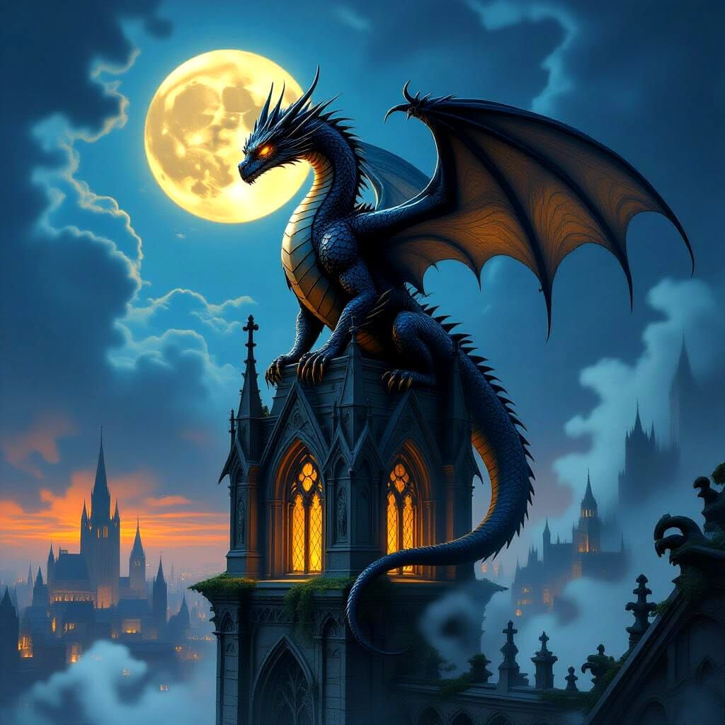 Ancient Obsidian Dragon on Gothic Cathedral, Moonlit City Be...