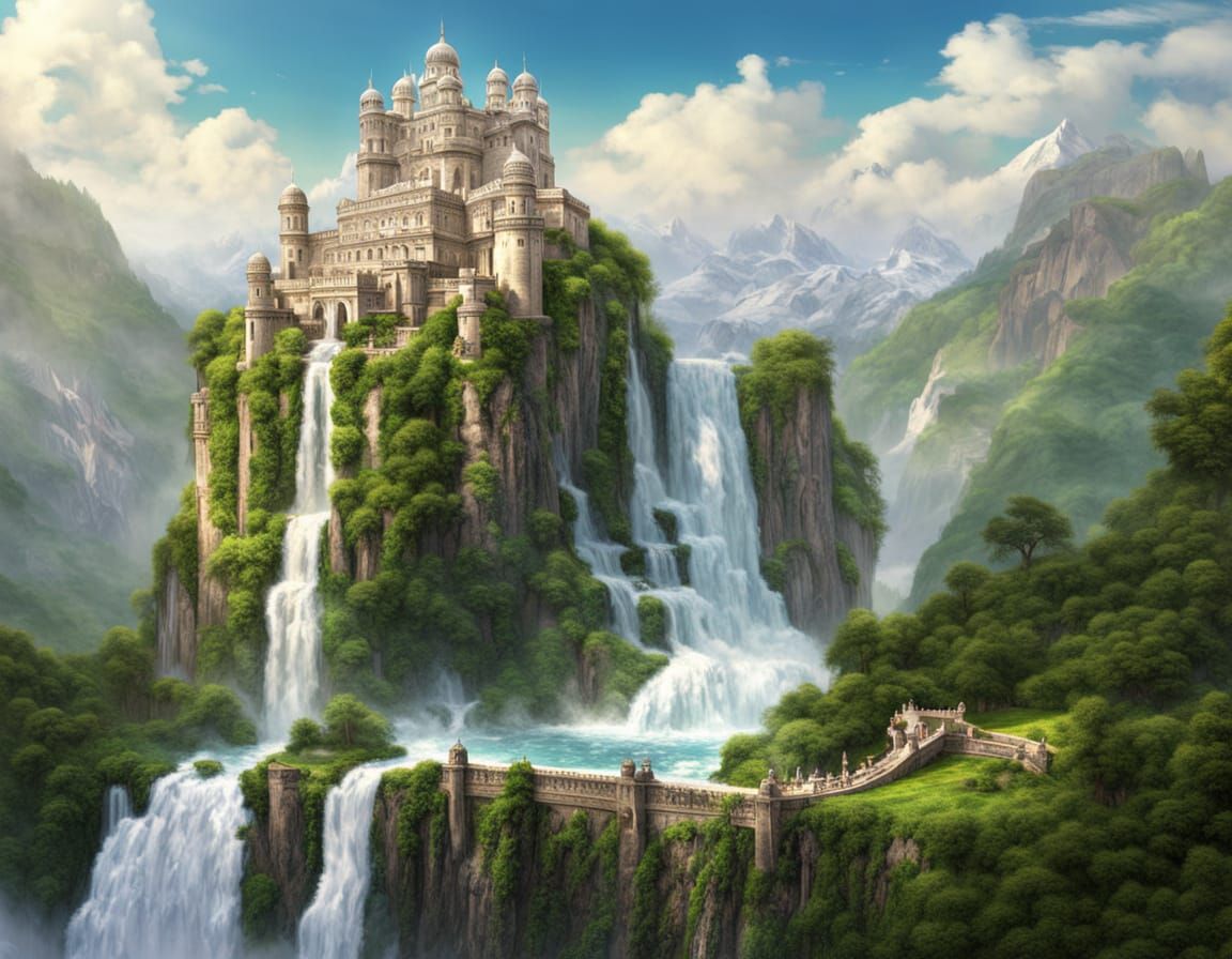 Majestic White Marble Palace Atop Fantasy Waterfall