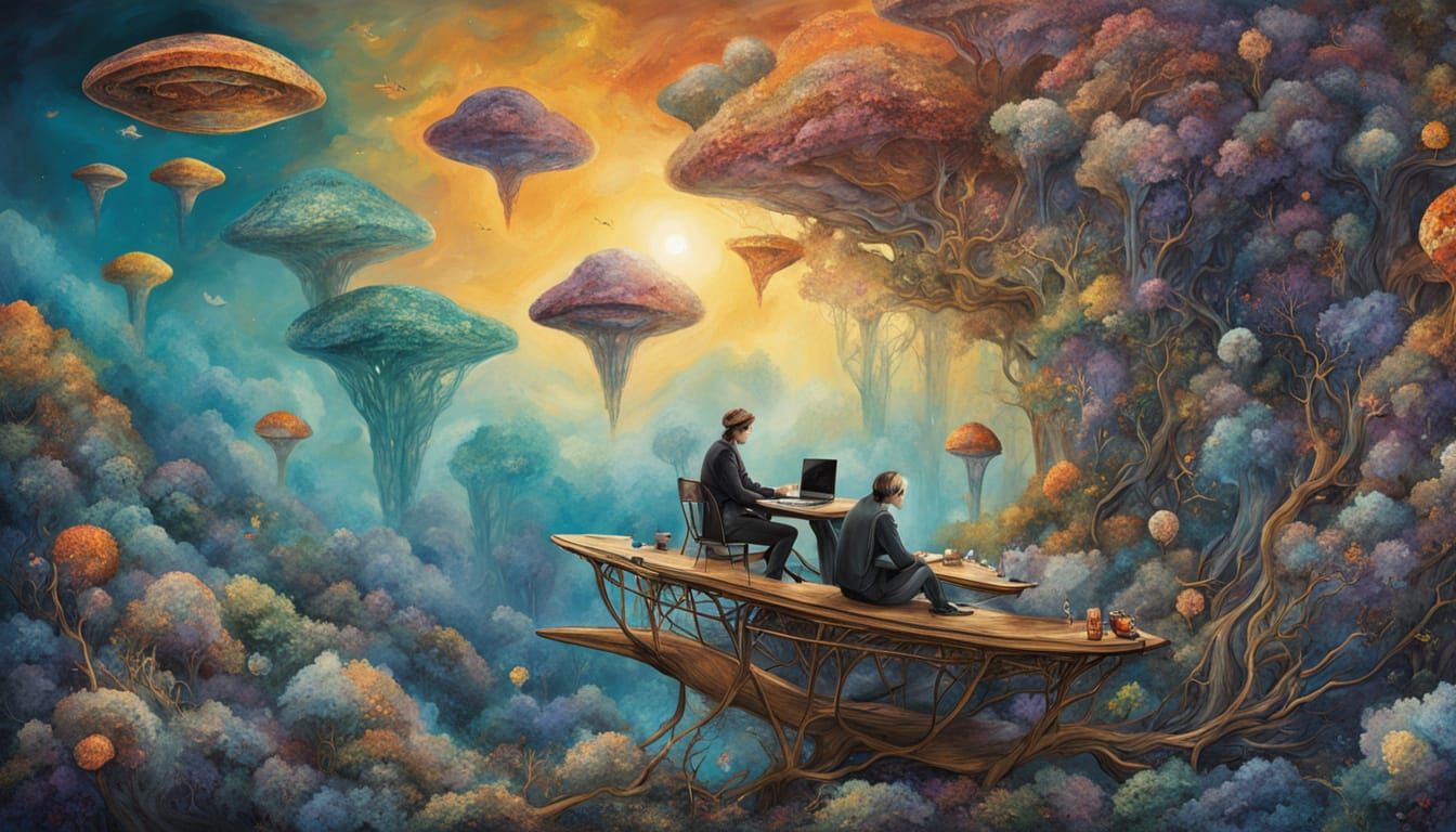 Surrealist Art Piece with Ethereal Figures in Futuristic Gal...