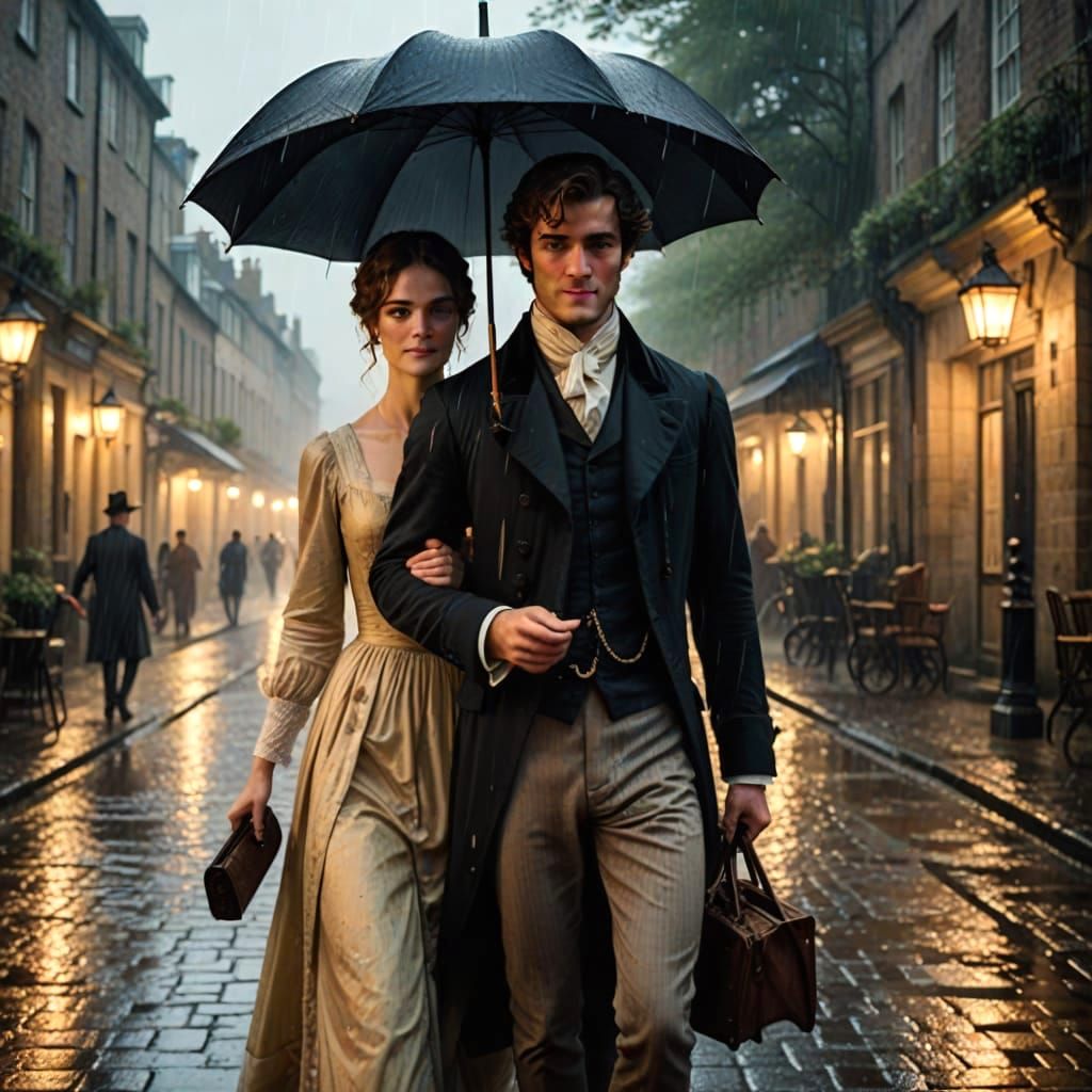 Regency Couple's Tender Moment in Rainy London