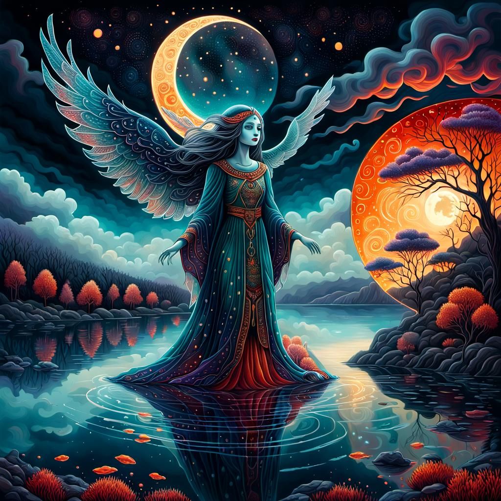 Ethereal Ghost Over Lake in Teal, Indigo, and Gold