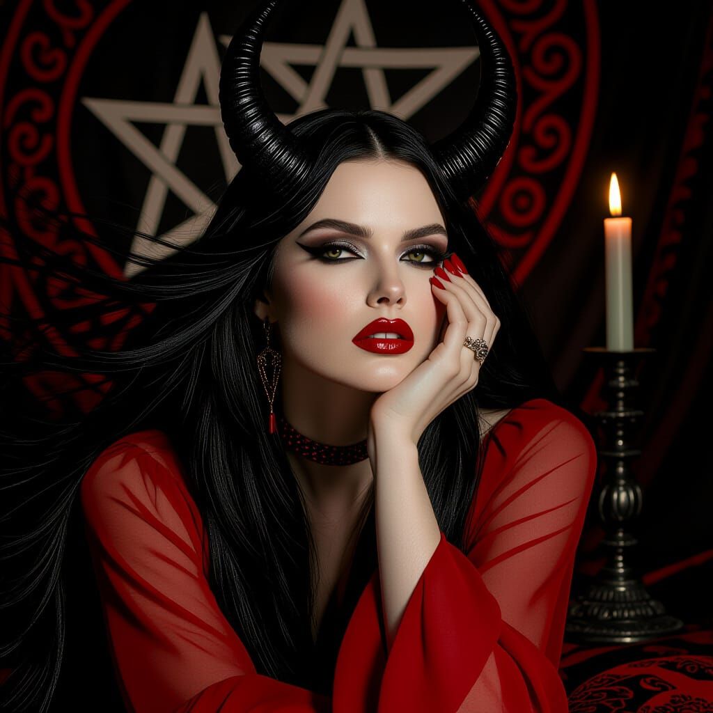 Goddess with Flowing Hair, Horns and Red Accents